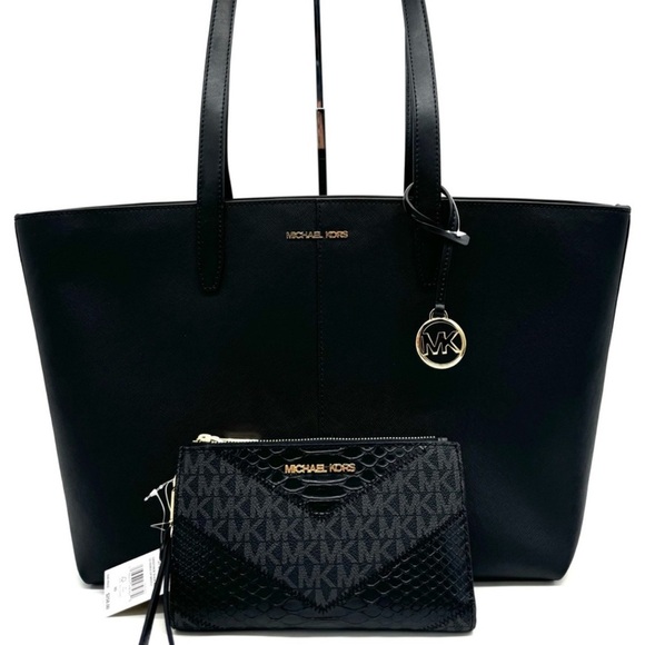 Michael Kors Medium Jet Set Travel Zip Tote Bag & Double Zip Wallet Black/Gold - Picture 1 of 13